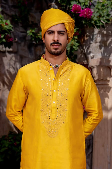 Shop Nafs Yellow Chanderi Mirrors Work Kurta Set at Aza Fashions Shop_Nafs_Yellow Chanderi Mirrors Work Kurta Set _at_Aza_Fashions