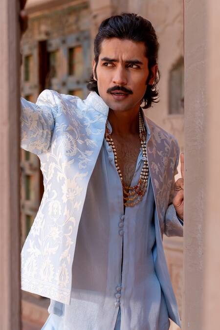 Shop_Nafs_Blue Chanderi Embroidery Powder Dori Work Kurta Set _Online_at_Aza_Fashions