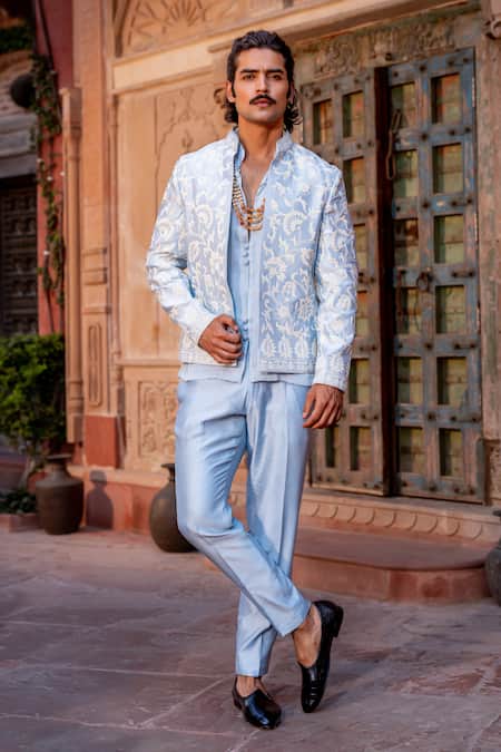 NAFS Blue Chanderi Embroidery Powder Dori Work Kurta Set 