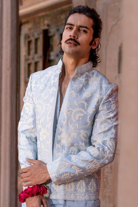 Nafs_Blue Chanderi Embroidery Powder Dori Work Kurta Set _at_Aza_Fashions