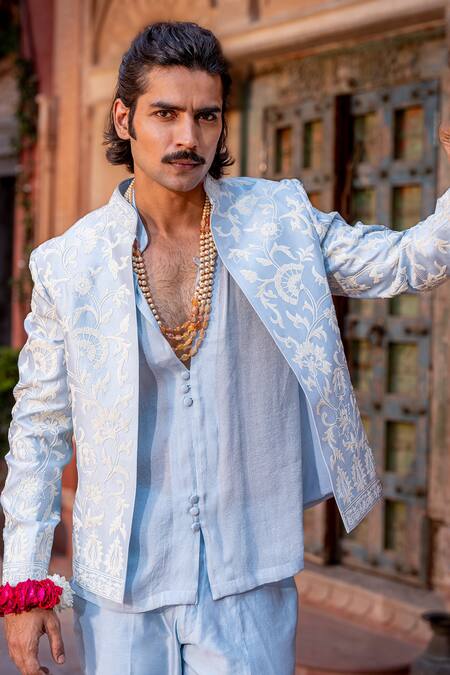 Shop_Nafs_Blue Chanderi Embroidery Powder Dori Work Kurta Set 