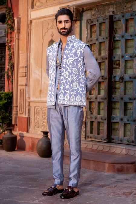Buy_Nafs_Gray Chanderi Embroidery Grey Dori Work Bundi Set _Online_at_Aza_Fashions