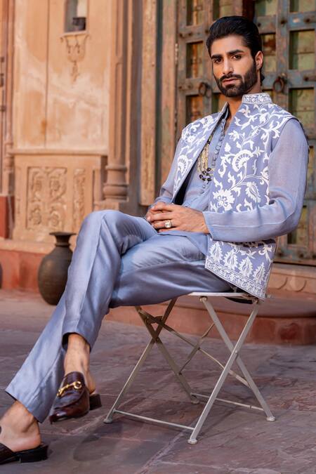 Nafs_Gray Chanderi Embroidery Grey Dori Work Bundi Set _at_Aza_Fashions