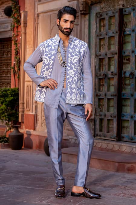 NAFS Grey Dori Work Chanderi Bundi Set 