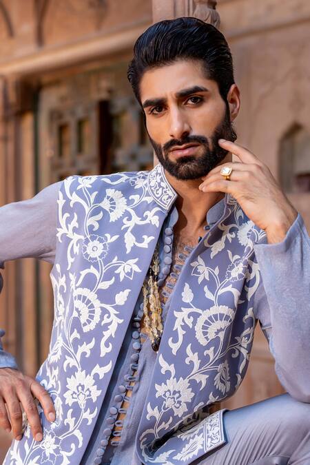 Shop_Nafs_Gray Chanderi Embroidery Grey Dori Work Bundi Set 