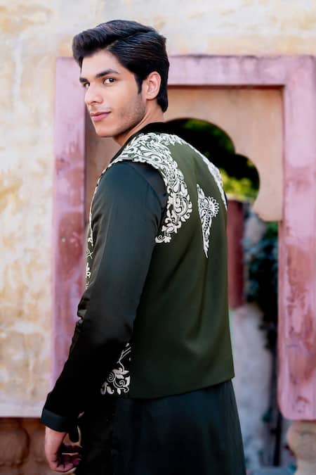 Shop Nafs Olive Green Linen, Silk Embroidery Dori Work Bundi Set at Aza Fashions Shop_Nafs_Olive Green Linen, Silk Embroidery Dori Work Bundi Set _at_Aza_Fashions