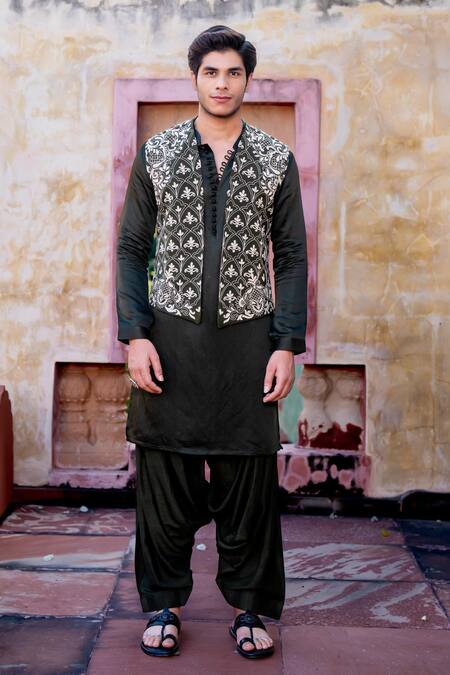 Buy Nafs Olive Green Linen, Silk Embroidery Dori Work Bundi Set Online at Aza Fashions Buy_Nafs_Olive Green Linen, Silk Embroidery Dori Work Bundi Set _Online_at_Aza_Fashions