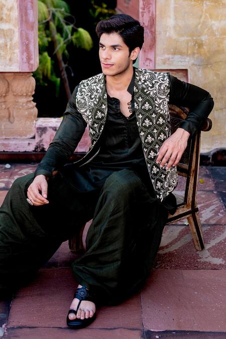 Shop Nafs Olive Green Linen, Silk Embroidery Dori Work Bundi Set Online at Aza Fashions Shop_Nafs_Olive Green Linen, Silk Embroidery Dori Work Bundi Set _Online_at_Aza_Fashions