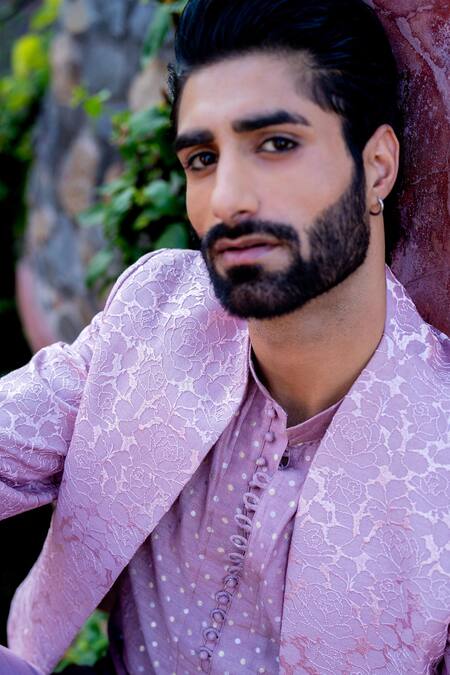 Shop Nafs Pink Chanderi, Brocade Embroidery Onion 3d Rose Kurta Set Online at Aza Fashions Shop_Nafs_Pink Chanderi, Brocade Embroidery Onion 3d Rose Kurta Set _Online_at_Aza_Fashions