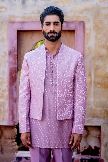 Shop Nafs Pink Chanderi, Brocade Embroidery Onion 3d Rose Kurta Set Shop_Nafs_Pink Chanderi, Brocade Embroidery Onion 3d Rose Kurta Set