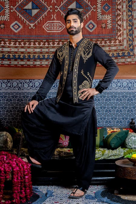 Nafs Black Tussar, Silk Embroidery, Mirrors Kurta Set at Aza Fashions Nafs_Black Tussar, Silk Embroidery, Mirrors Kurta Set _at_Aza_Fashions