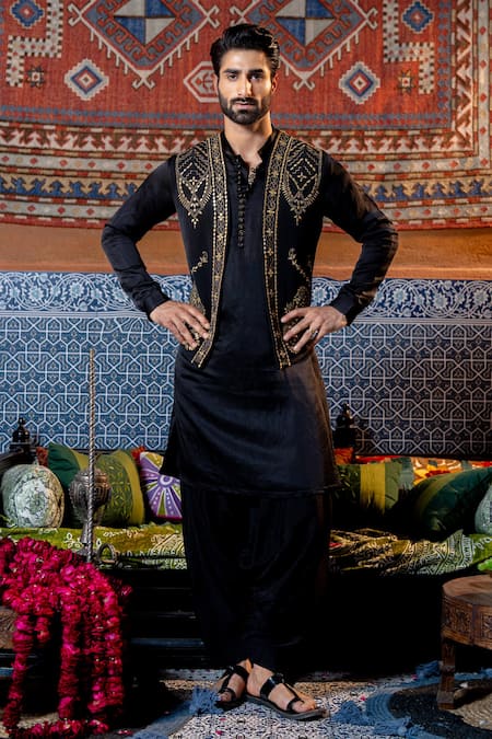 NAFS Black Tussar, Silk Embroidery, Mirrors Kurta Set 