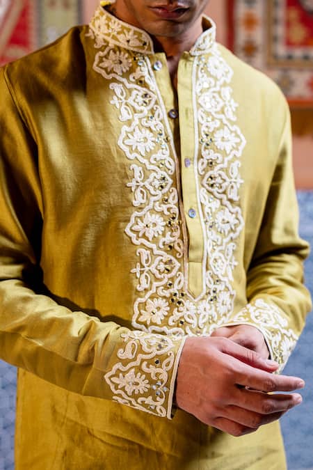 Buy Nafs Olive Green Chanderi Mirrors Work Kurta Set Online at Aza Fashions Buy_Nafs_Olive Green Chanderi Mirrors Work Kurta Set _Online_at_Aza_Fashions