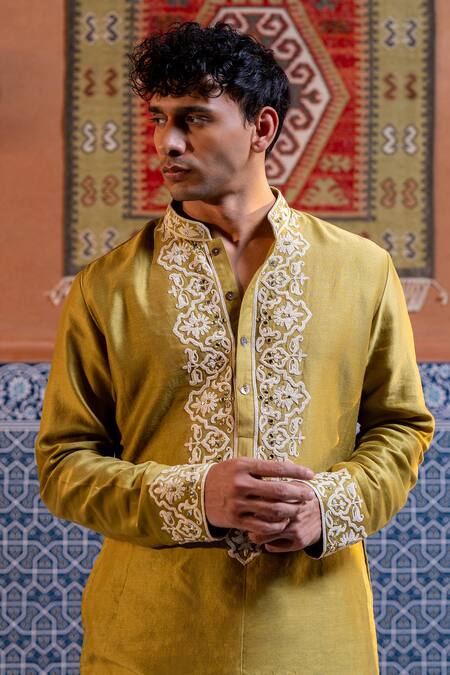 Shop Nafs Olive Green Chanderi Mirrors Work Kurta Set Online at Aza Fashions Shop_Nafs_Olive Green Chanderi Mirrors Work Kurta Set _Online_at_Aza_Fashions