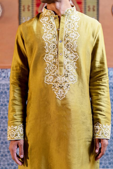 Nafs Olive Green Chanderi Mirrors Work Kurta Set at Aza Fashions Nafs_Olive Green Chanderi Mirrors Work Kurta Set _at_Aza_Fashions