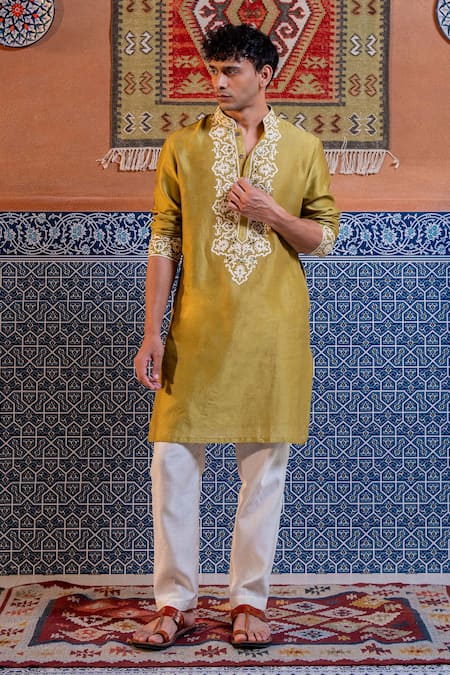 NAFS Olive Green Chanderi Mirrors Work Kurta Set 