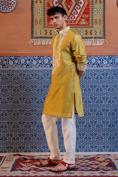 Buy Nafs Olive Green Chanderi Mirrors Work Kurta Set Buy_Nafs_Olive Green Chanderi Mirrors Work Kurta Set