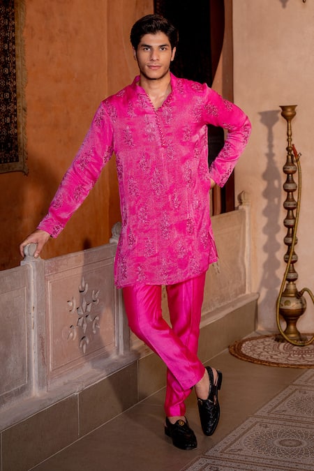 Buy_Nafs_Pink Chanderi Zari Embroidered Hot Kurta Set _Online_at_Aza_Fashions