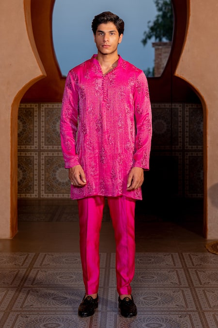 Shop_Nafs_Pink Chanderi Zari Embroidered Hot Kurta Set _Online_at_Aza_Fashions