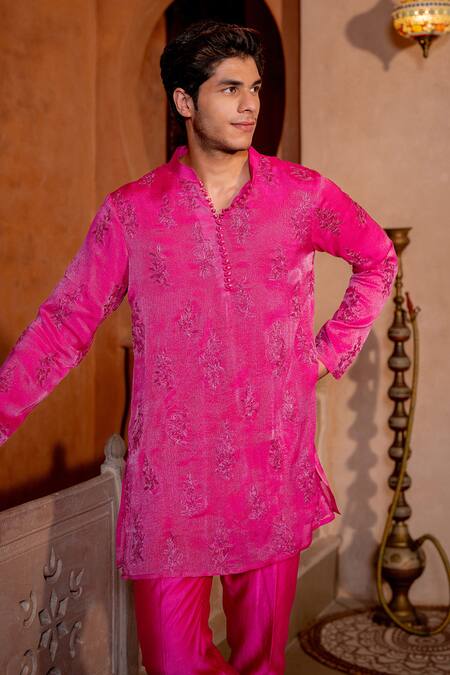 Nafs_Pink Chanderi Zari Embroidered Hot Kurta Set _at_Aza_Fashions