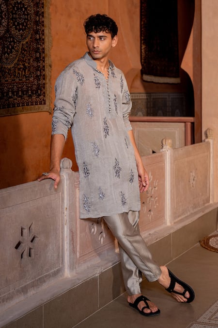 Shop Nafs Gray Chanderi Embroidery Grey Kurta Set at Aza Fashions Shop_Nafs_Gray Chanderi Embroidery Grey Kurta Set _at_Aza_Fashions