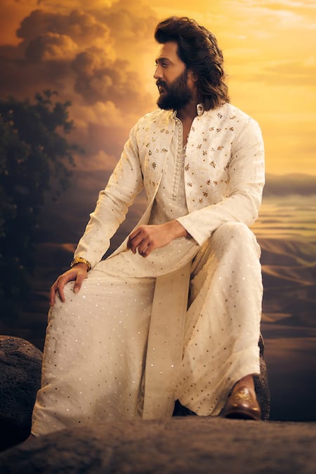 Nafs_Ivory Chanderi Metallic Thread, Mirrors Mukaish Badla Work Nehru Jacket Set _Online_at_Aza_Fashions