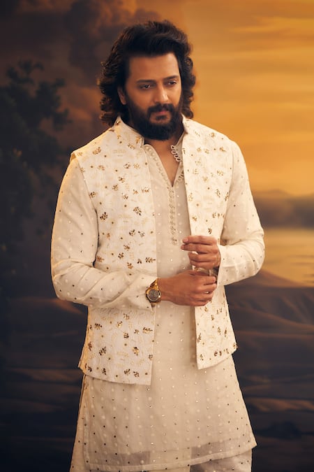 Nafs_Ivory Chanderi Metallic Thread, Mirrors Mukaish Badla Work Nehru Jacket Set _at_Aza_Fashions