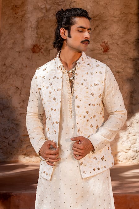 Buy_Nafs_Ivory Chanderi Metallic Thread, Mirrors Mukaish Badla Work Nehru Jacket Set 