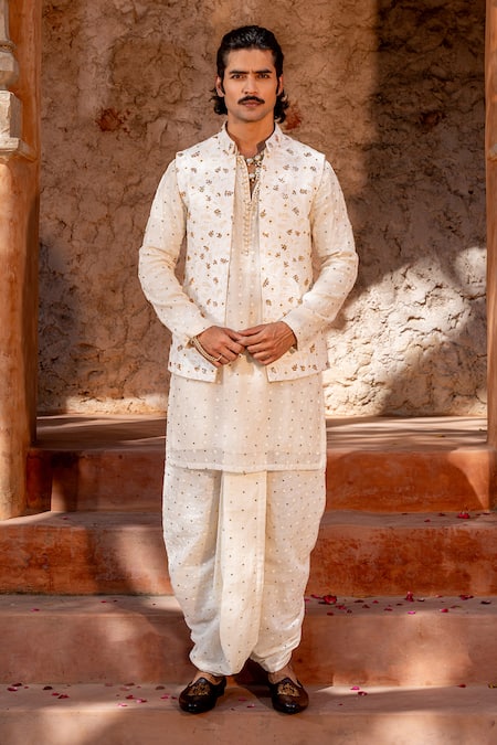 Nafs Ivory Mukaish Badla Work Nehru Jacket Set 