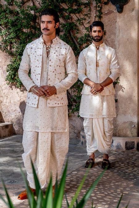 Buy Nafs Ivory Chanderi Embroidery Floral Badla Work Bundi Set Buy_Nafs_Ivory Chanderi Embroidery Floral Badla Work Bundi Set