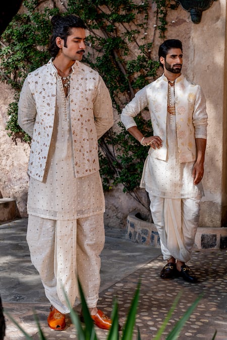 Shop Nafs Ivory Chanderi Embroidery Floral Badla Work Bundi Set Shop_Nafs_Ivory Chanderi Embroidery Floral Badla Work Bundi Set