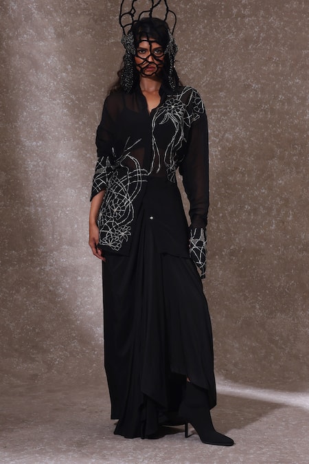 URMIL Black Organza, Muslin Embroidery Round Neck Fusion Kurta Set 