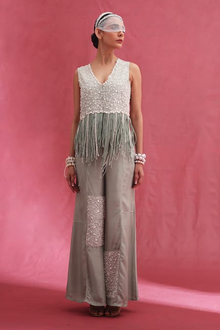 URMIL Mint Muslin Beads, Fringe V-neck Green Designer Jacket And Pant Set 