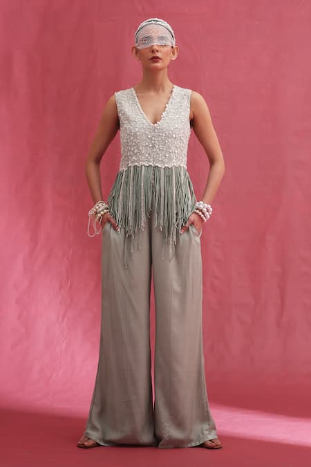 URMIL Mint Muslin, Silk Beads V-neck Raw Jacket And Pant Set 