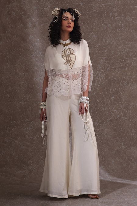 URMIL Off White Silk, Organza, Tissue Embroidery Round Neck Fusion Style Kurta Set 