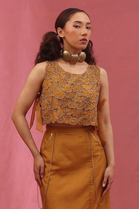 Urmil Gold Organza Jacket Bustier Skirt Set 