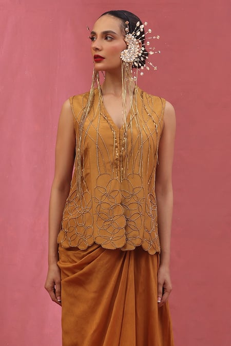 Urmil Gold Silk Jacket & Pickup Skirt Set 