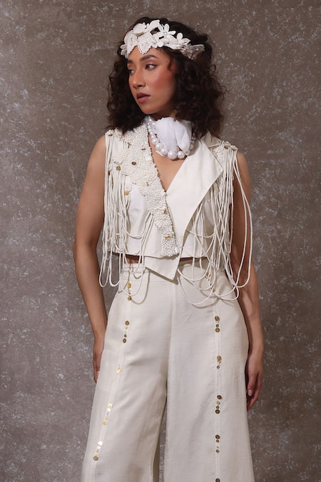 Urmil Off White Silk Jacket & Pant Set 