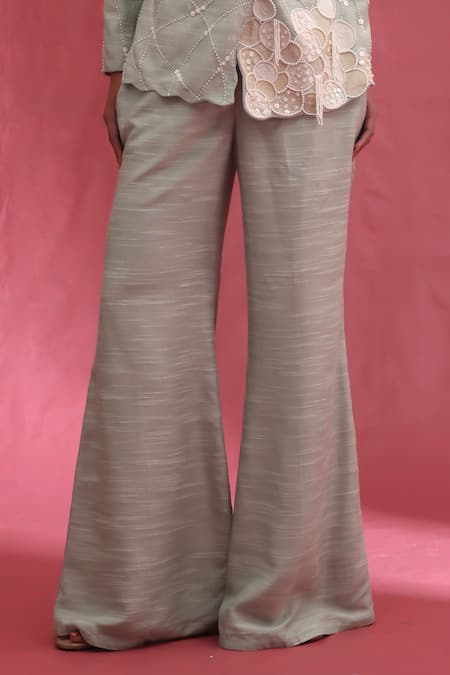 Urmil Mint Muslin, Silk Lace V-neck Slub Jacket And Pant Set Online at Aza Fashions Urmil_Mint Muslin, Silk Lace V-neck Slub Jacket And Pant Set _Online_at_Aza_Fashions