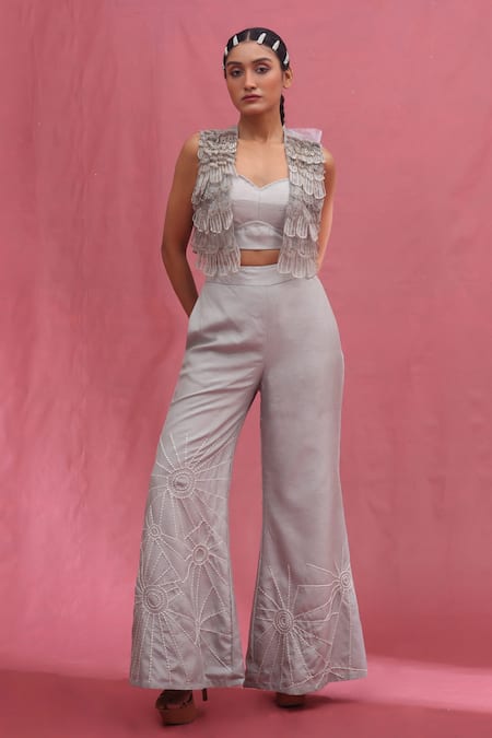 URMIL Ice Blue Organza Layered Jacket Set 