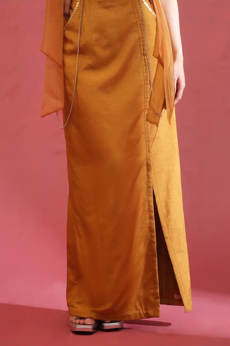 Urmil_Orange Organza, Silk Beads Round Neck Gold Jacket Bustier Skirt Set _Online_at_Aza_Fashions