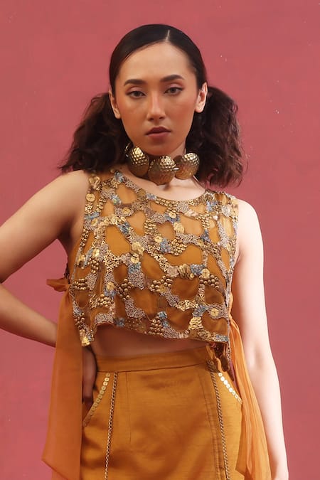 Urmil Gold Organza Silk Jacket Bustier Skirt Set 