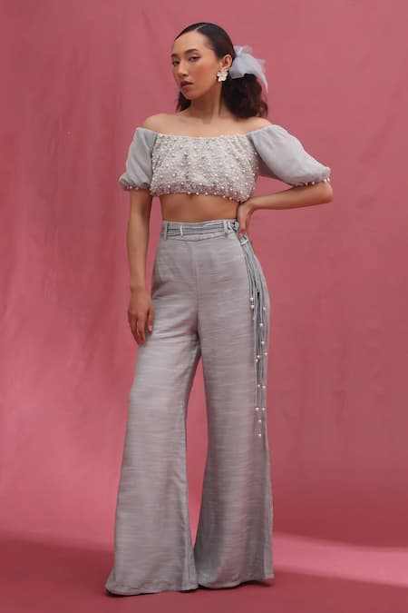 URMIL Blue Muslin, Silk, Organza Embroidery Ice Designer Blouse And Pant Set 