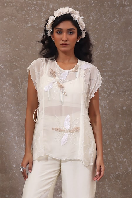 Urmil Off White Organza Top & Pant Set 