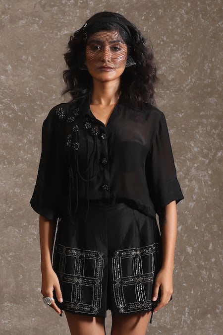 Urmil Black Heavy Tabby Silk Pant Set 