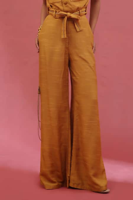 Urmil_Orange Muslin Beads, Sequins V-neck Gold Slub Jacket And Pant Set _Online_at_Aza_Fashions