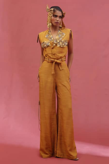 URMIL Orange Muslin Beads, Sequins V-neck Gold Slub Jacket And Pant Set 