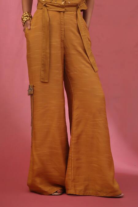 Urmil_Orange Muslin Sequins V-neck Gold Slub Jacket And Pant Set _Online_at_Aza_Fashions