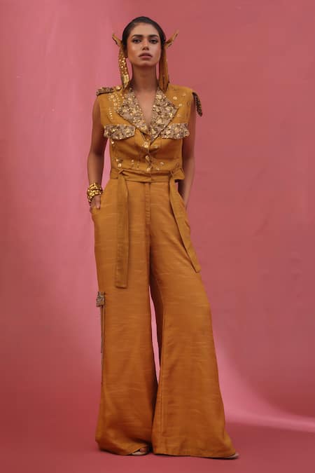 URMIL Orange Muslin Sequins V-neck Gold Slub Jacket And Pant Set 