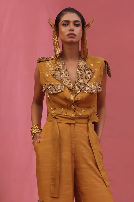 Urmil Gold Muslin Slub Jacket & Pant Set 